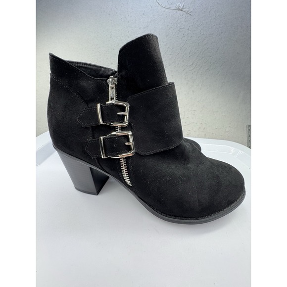 Womens Size 11 Black Heeled Ankle Booties Boots Buckle Accent Cute Sexy Biker - Picture 8 of 11